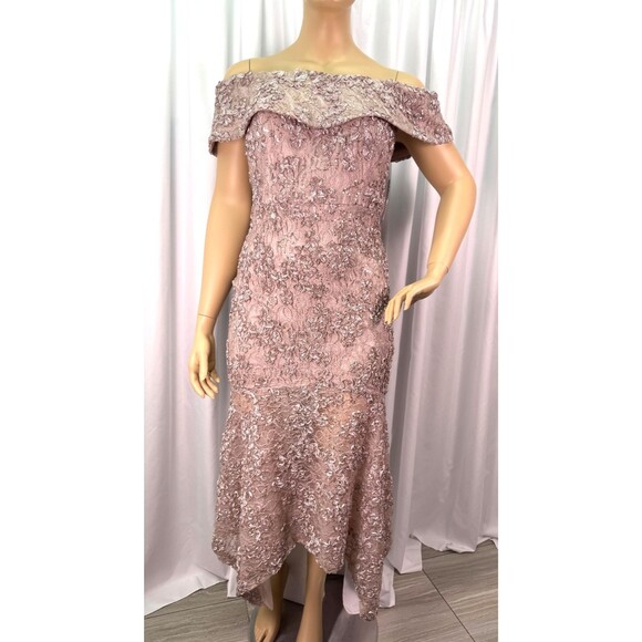 Xscape 18W Taupe Off Shoulder Lace Sequin Gown Formal Evening Wedding Dress NWT - Picture 6 of 16